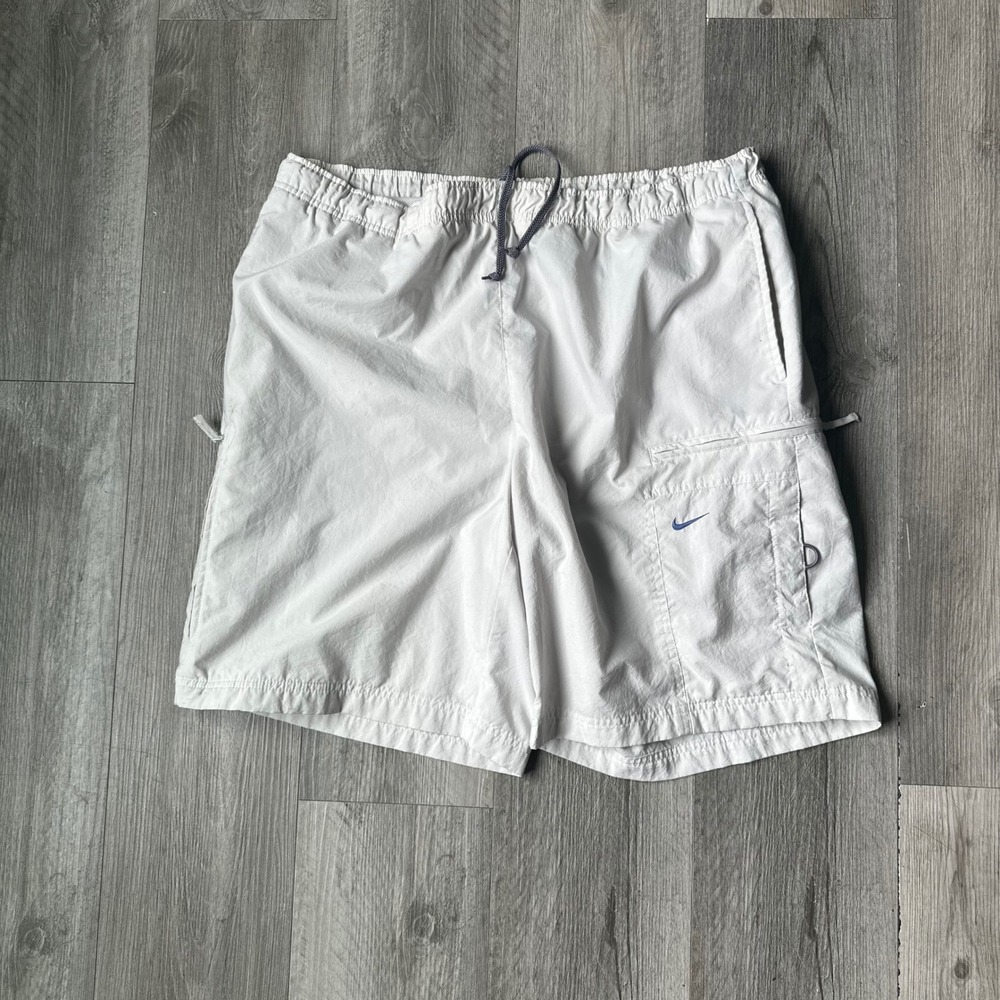 Nike baggy y2k White Cargo Shorts Blue Swoosh Elastic Waist Men's Large